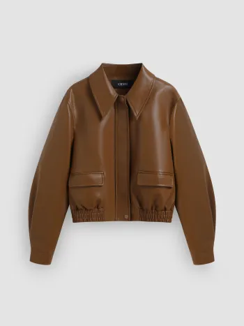 Faux Leather Collar Solid Pocket Oversized Jacket