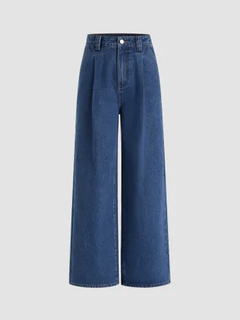 Denim-Hochbund-Pleated-Straight-Leg-Jeans