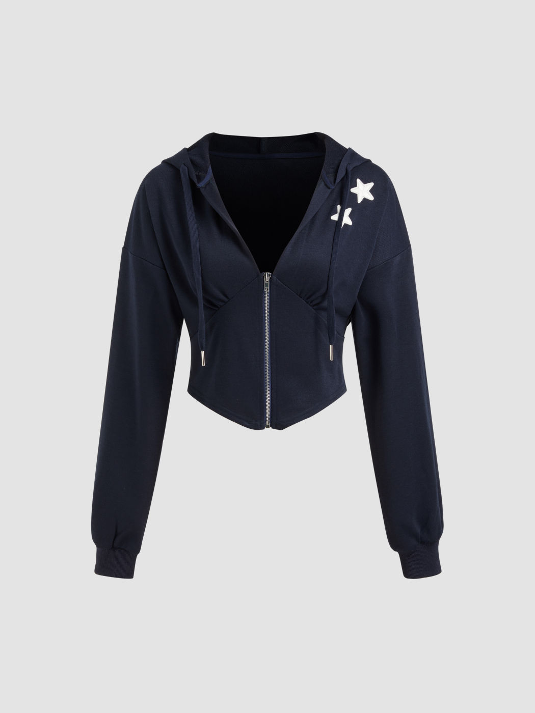 Terry Star Applique Zipper Drawstring Hoodie