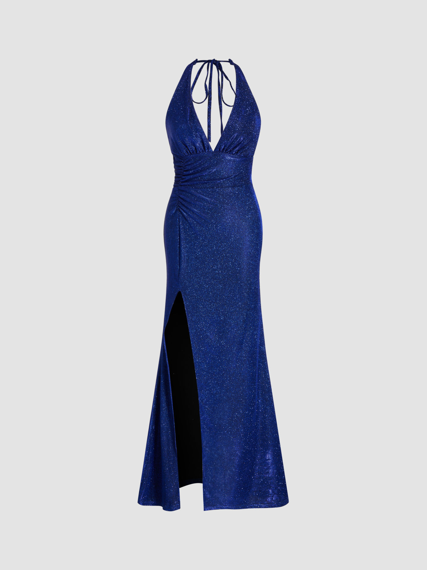 V-neck Ruched Split Knotted Glitter Maxi Dress