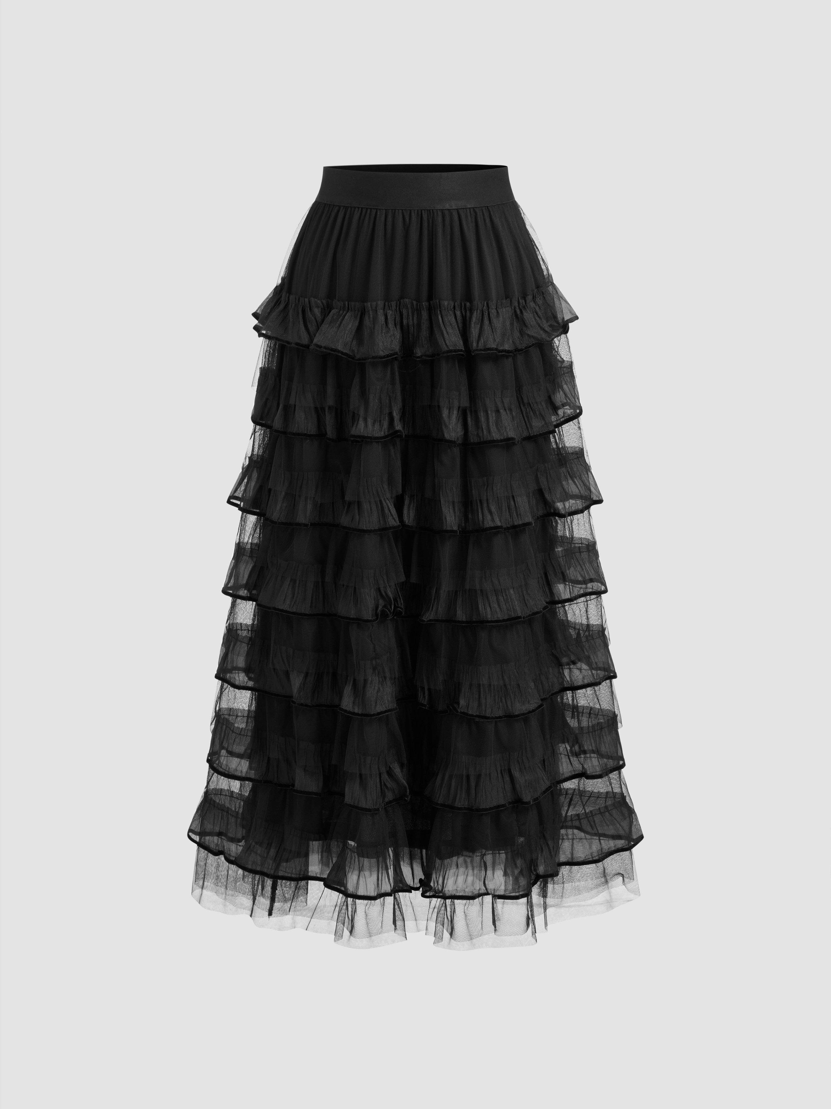 Woven Voluminous Mid Rise Solid Tulle Layered Maxi Skirt For