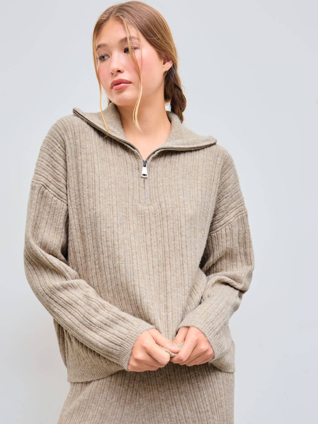 Knit Wool-blend Polo Solid Zipper Long Sleeve Top