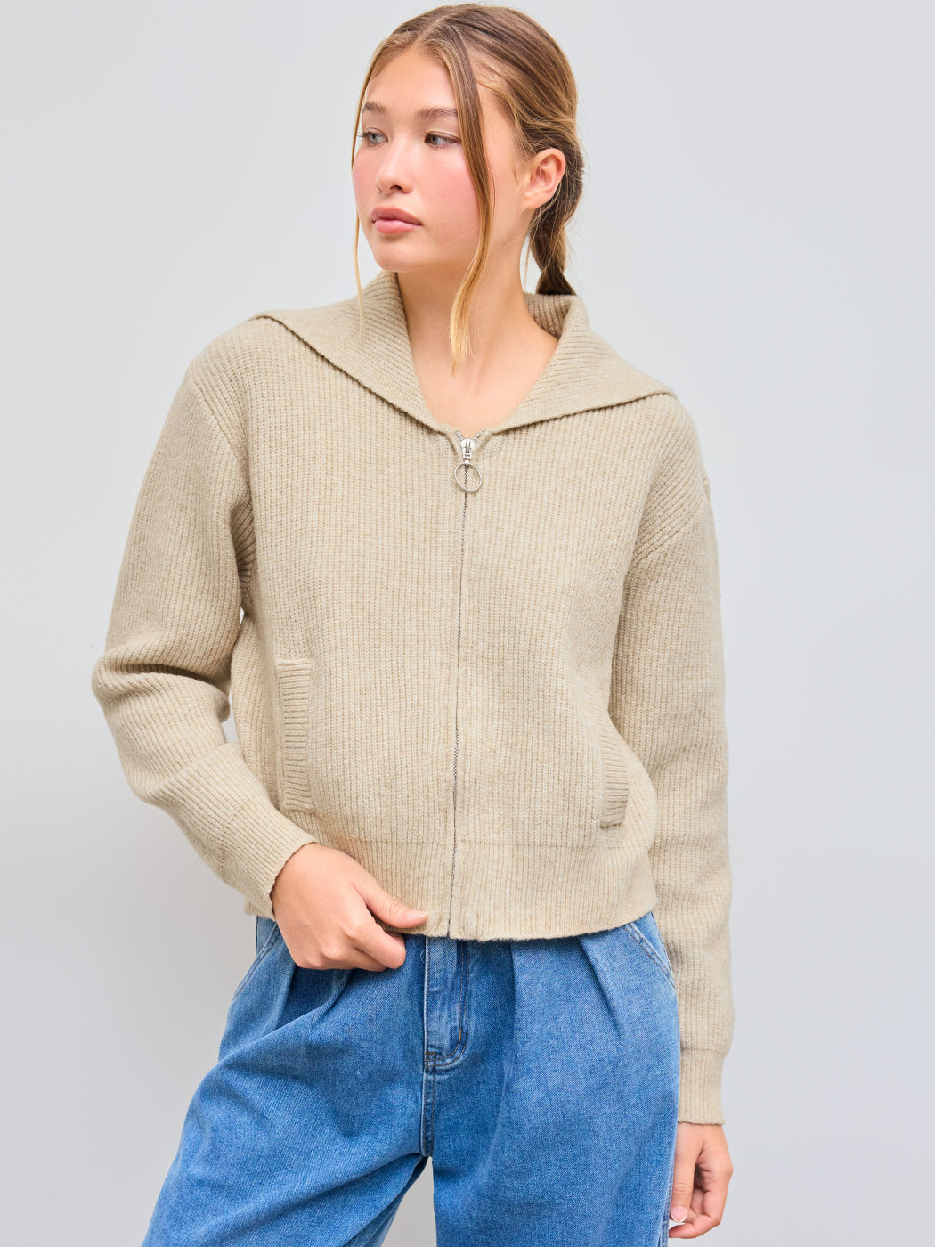 Knit Wool-blend Collar Solid Zipper Pocket Cardigan