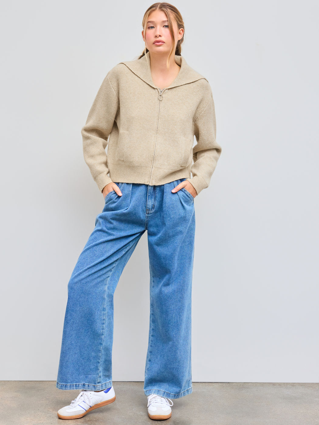 Knit Wool-blend Collar Solid Zipper Pocket Cardigan