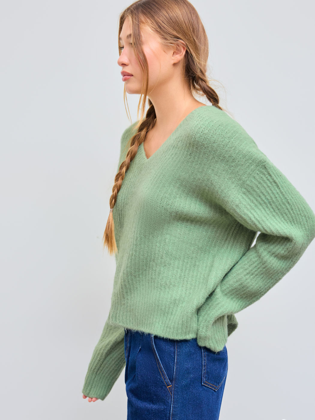 Knit Wool-blend V-neck Solid Long Sleeve Oversized Sweater