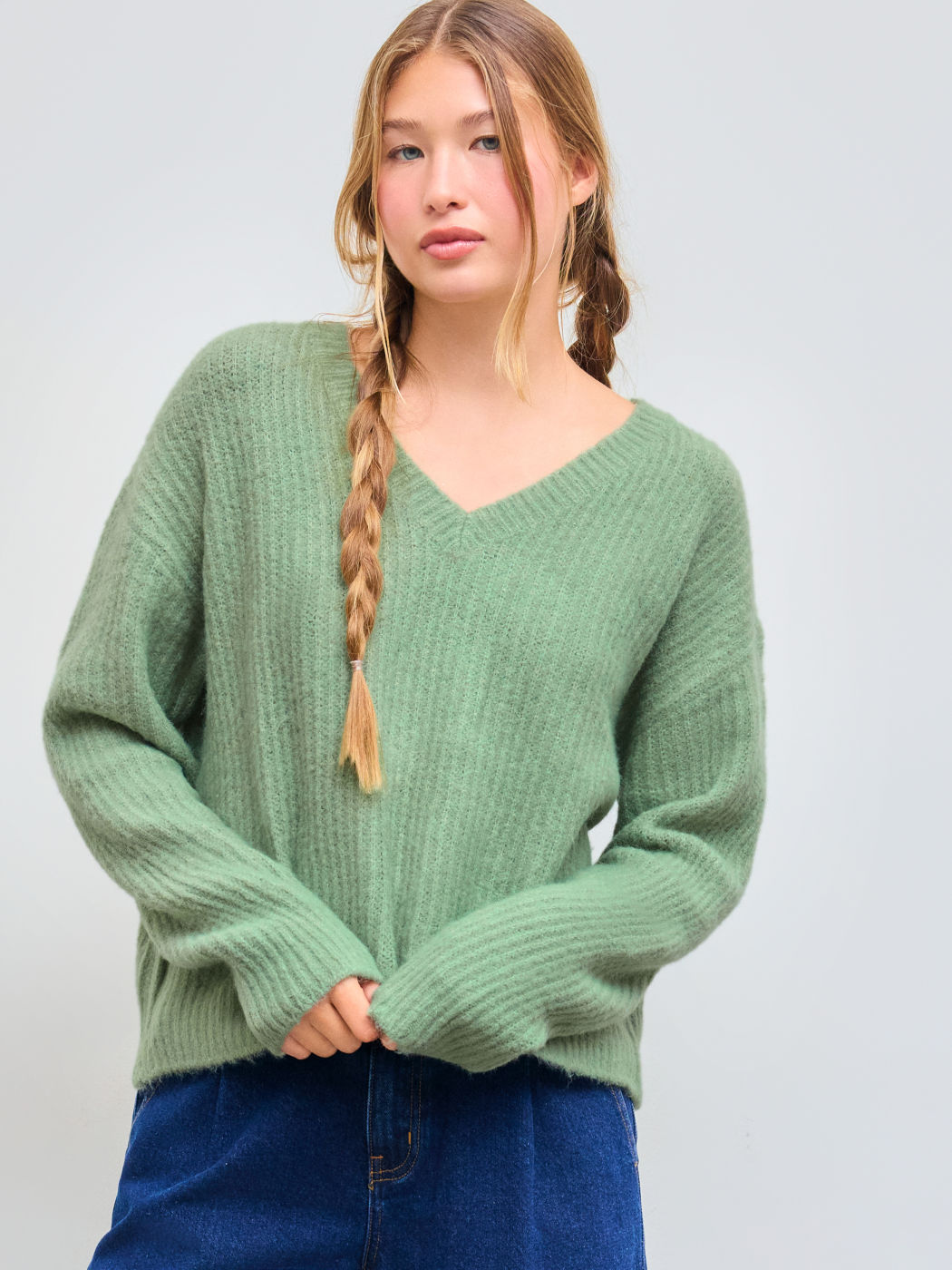 Knit Wool-blend V-neck Solid Long Sleeve Oversized Sweater