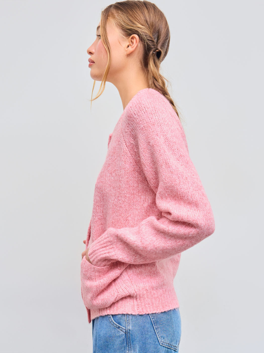Knit Round Neckline Solid Pocket Button Cardigan