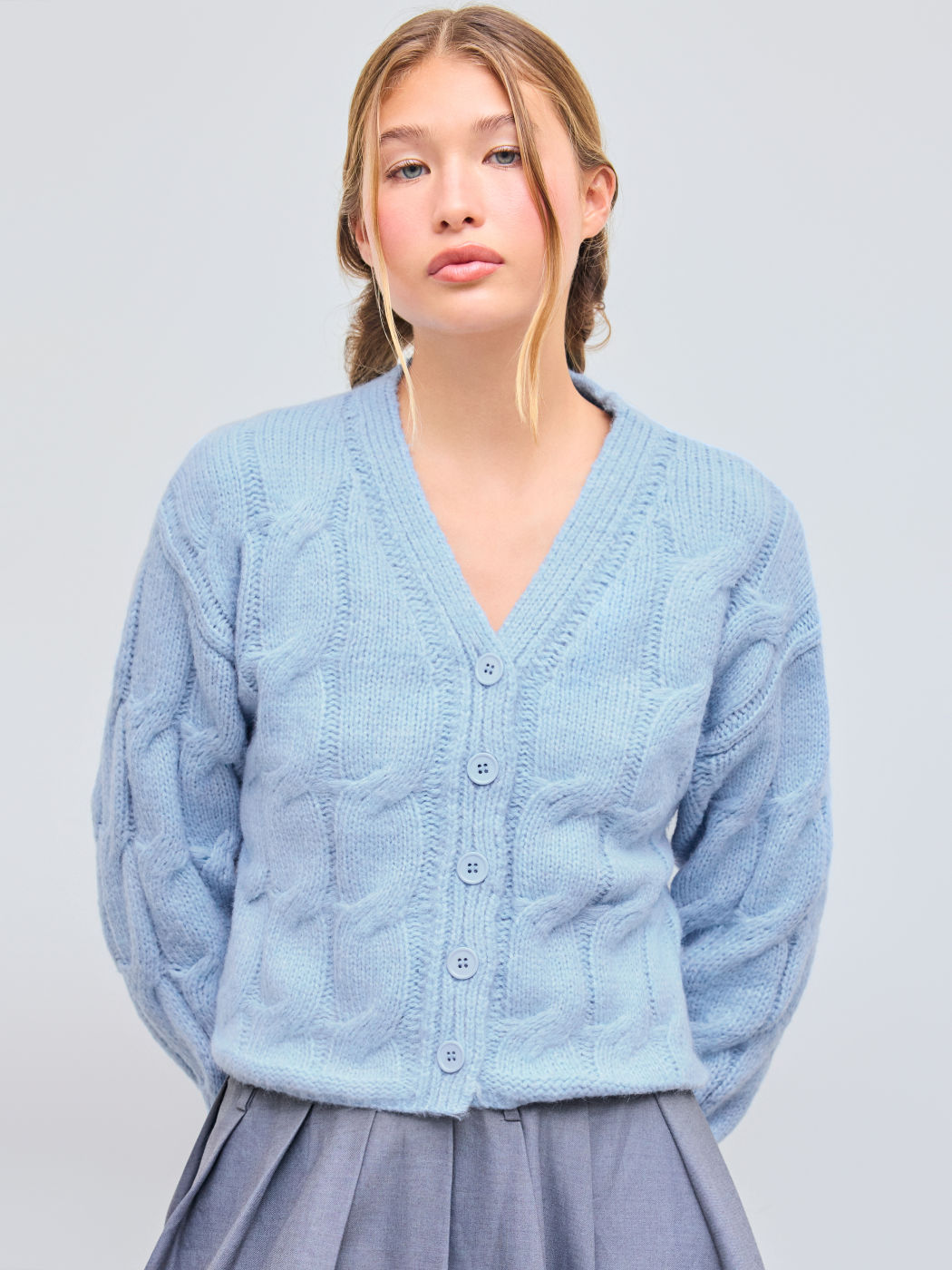 Cable Knit Wool-blend V-neck Solid Button Cardigan