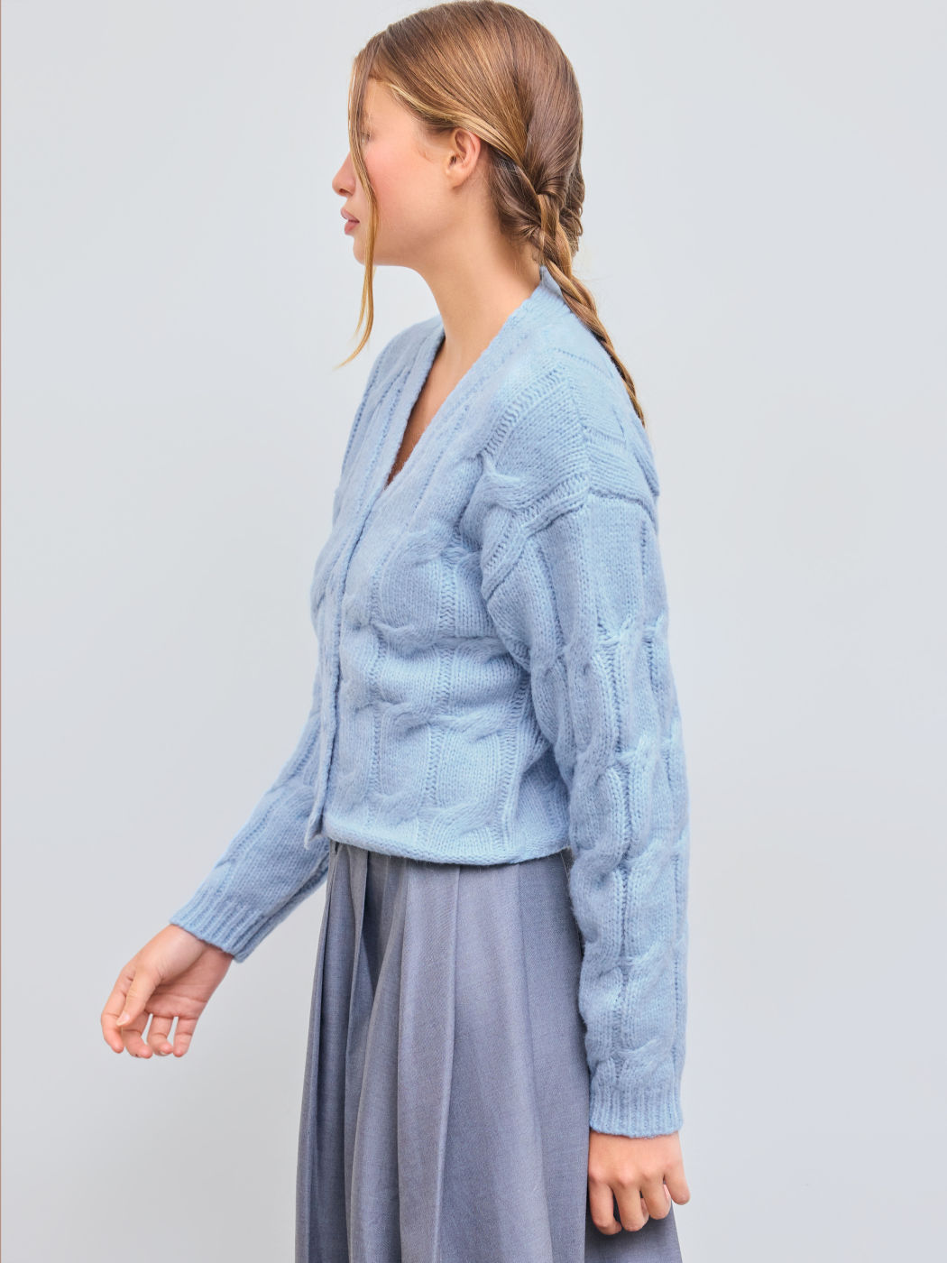 Cable Knit Wool-blend V-neck Solid Button Cardigan