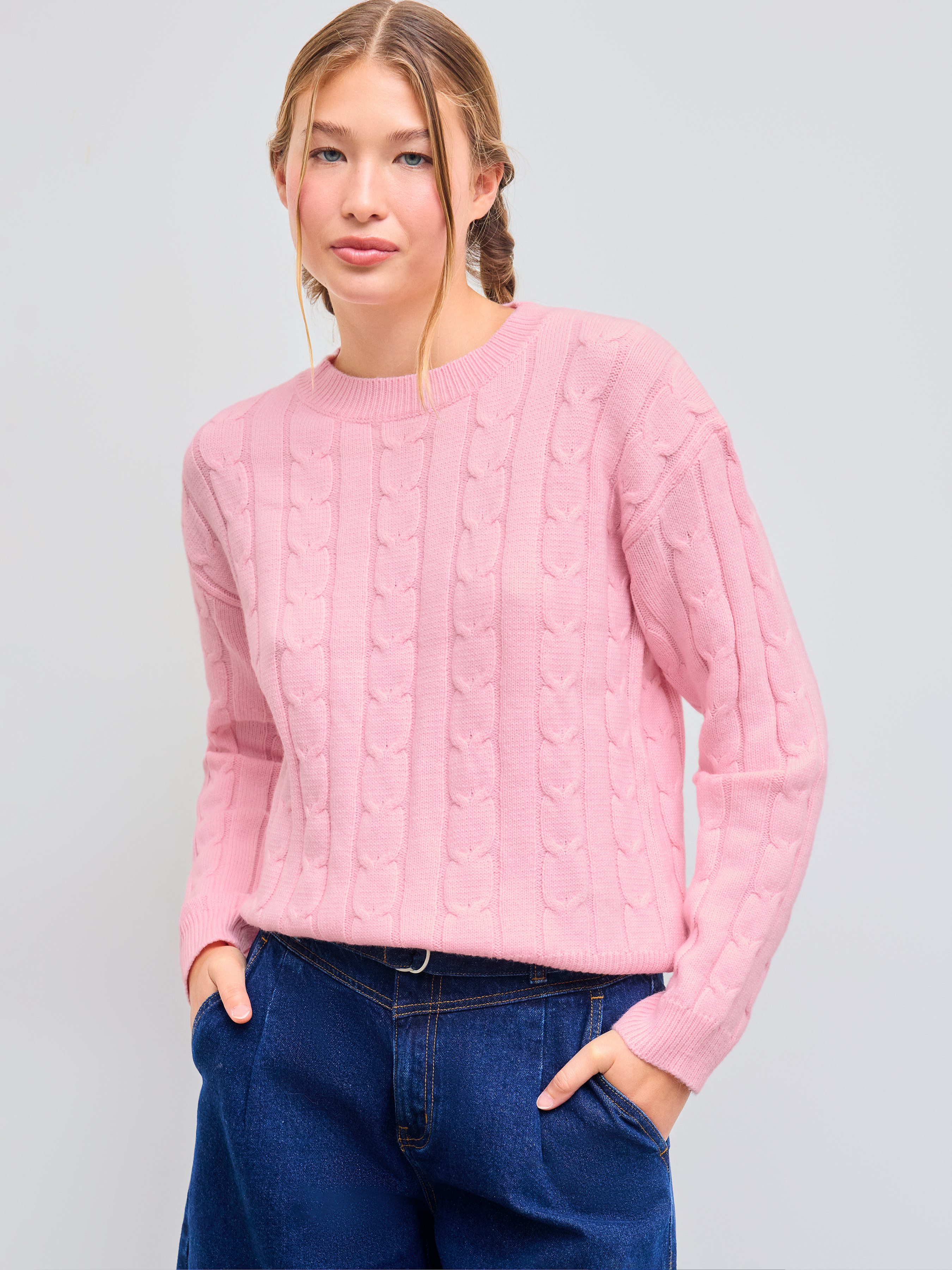 Pink Maglione Rosa Acceso Knit Fabric Cable Knit Wool-blend Round