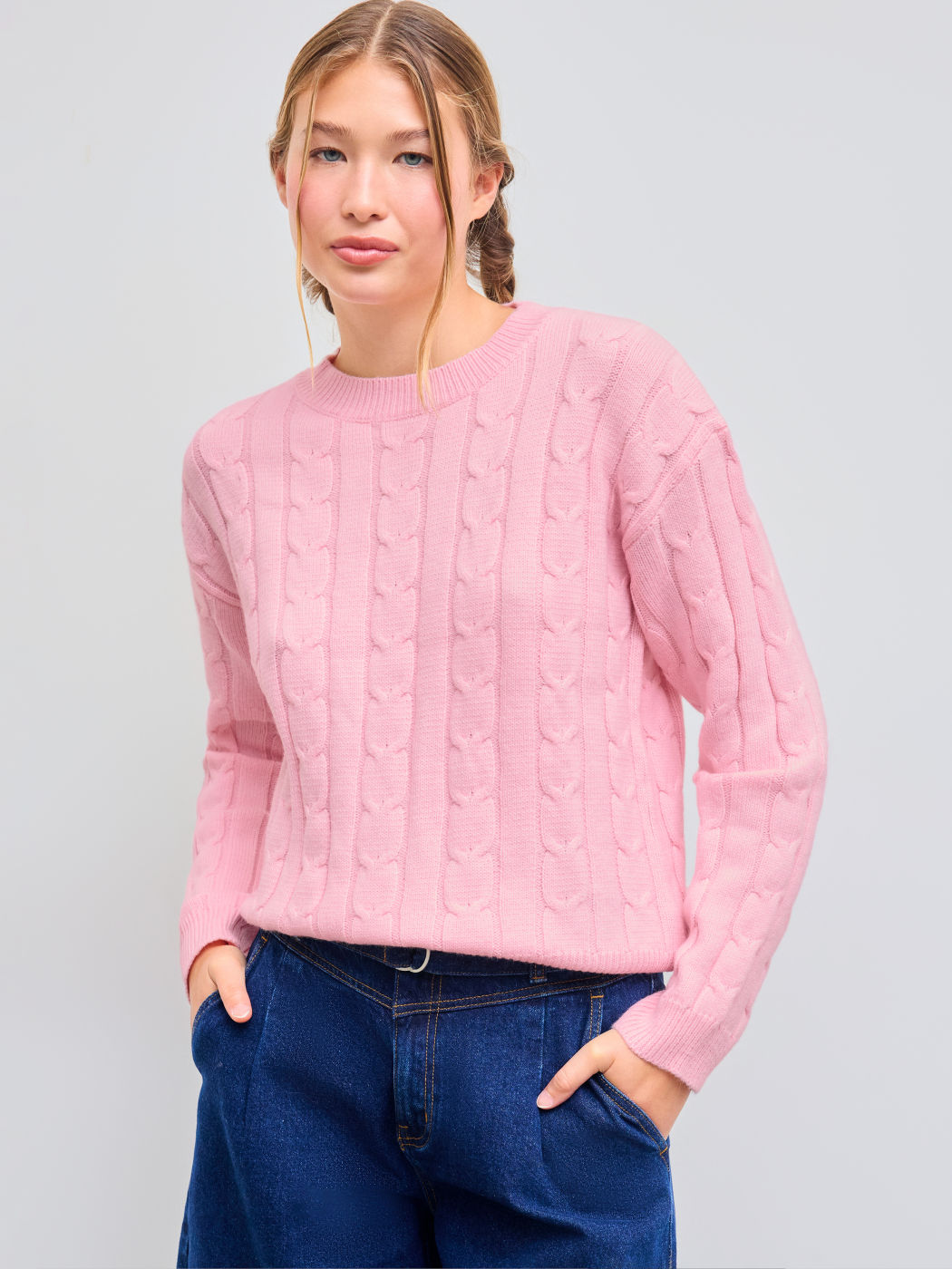 Zopfmuster Wollmischung Rundhalsausschnitt Einfarbiger Pullover