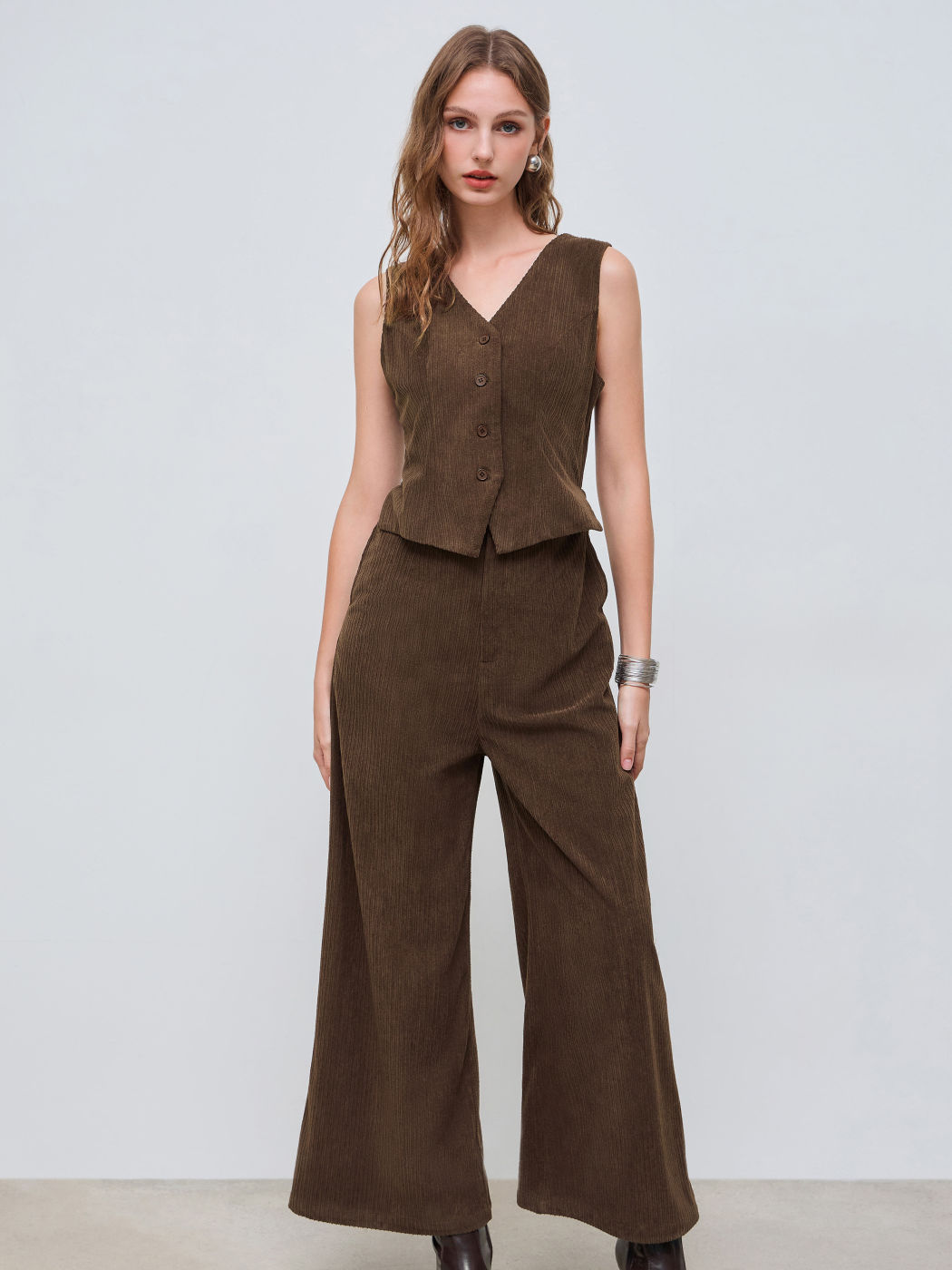 Corduroy V-neck Solid Pocket Wide Leg Jumpsuit