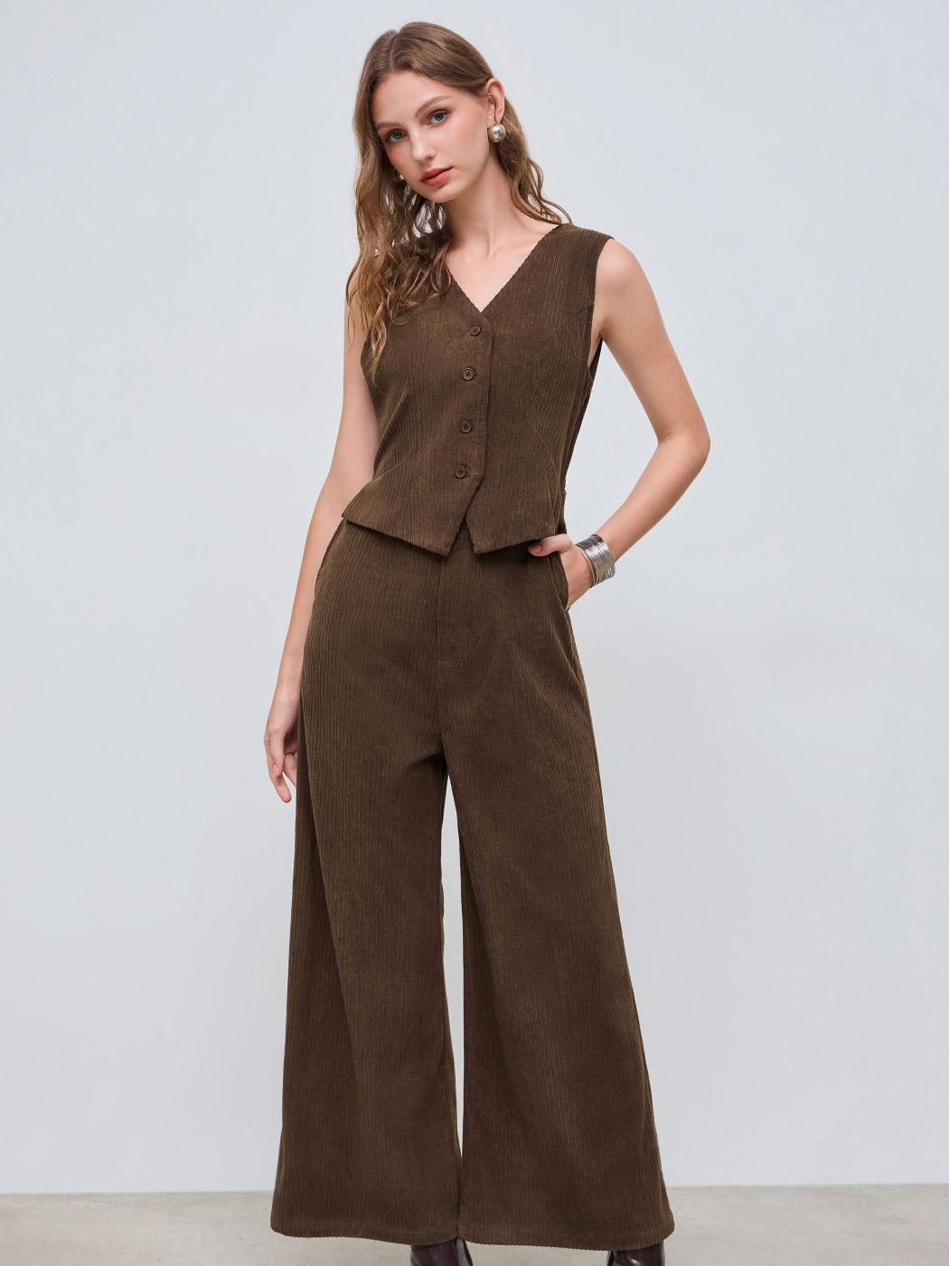 Corduroy V-neck Solid Pocket Wide Leg Jumpsuit