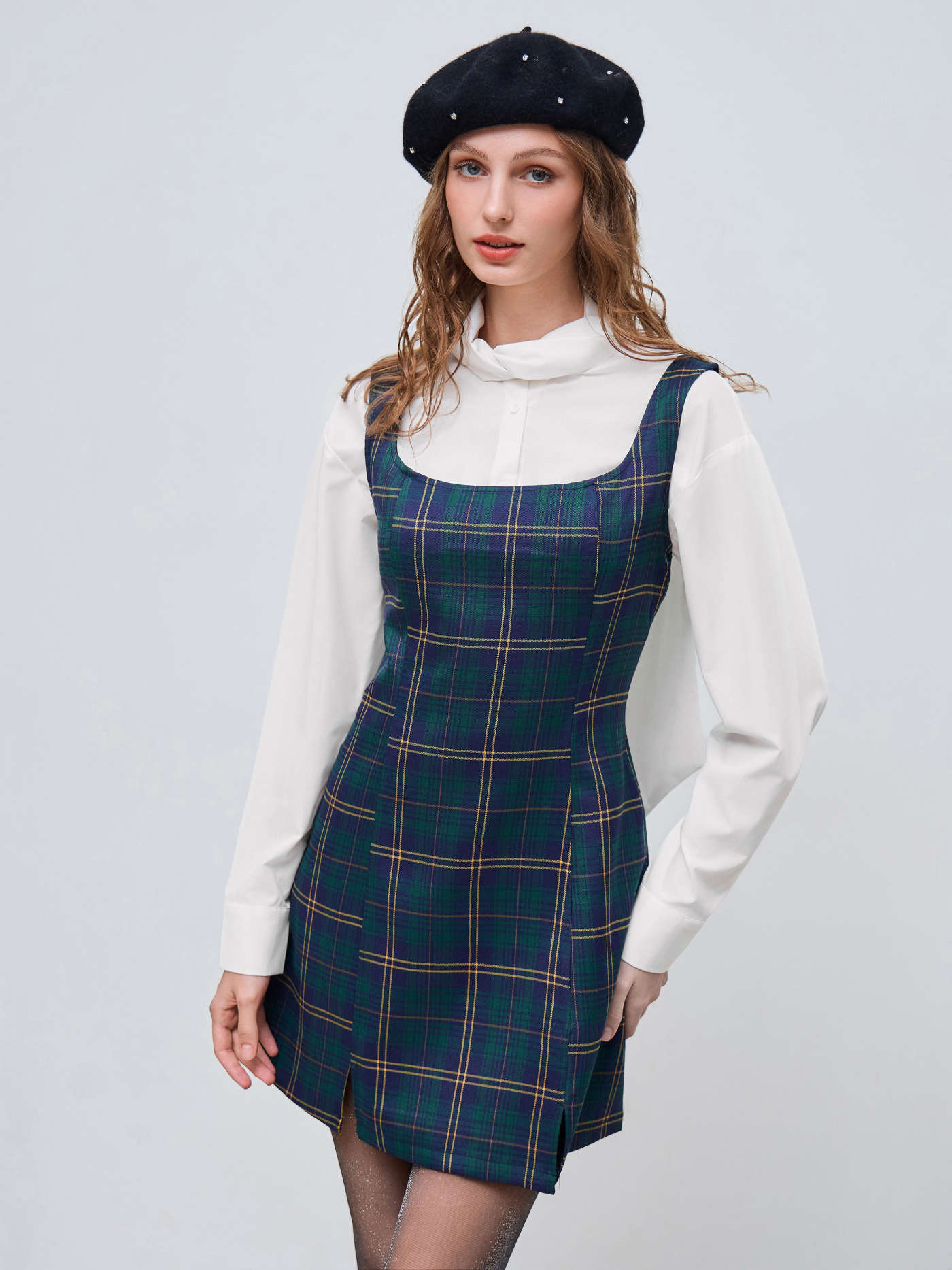 Scoop Neckline Checks Zipper Mini Dress