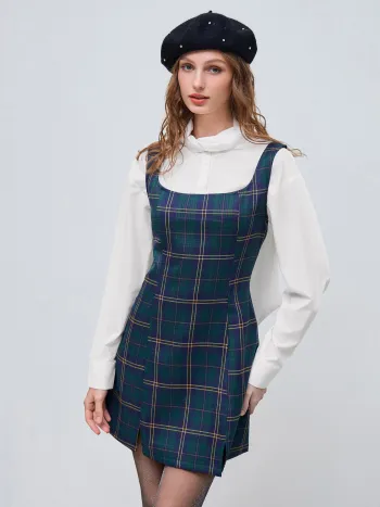 Kariertes Zipper Minikleid mit Rundhalsausschnitt