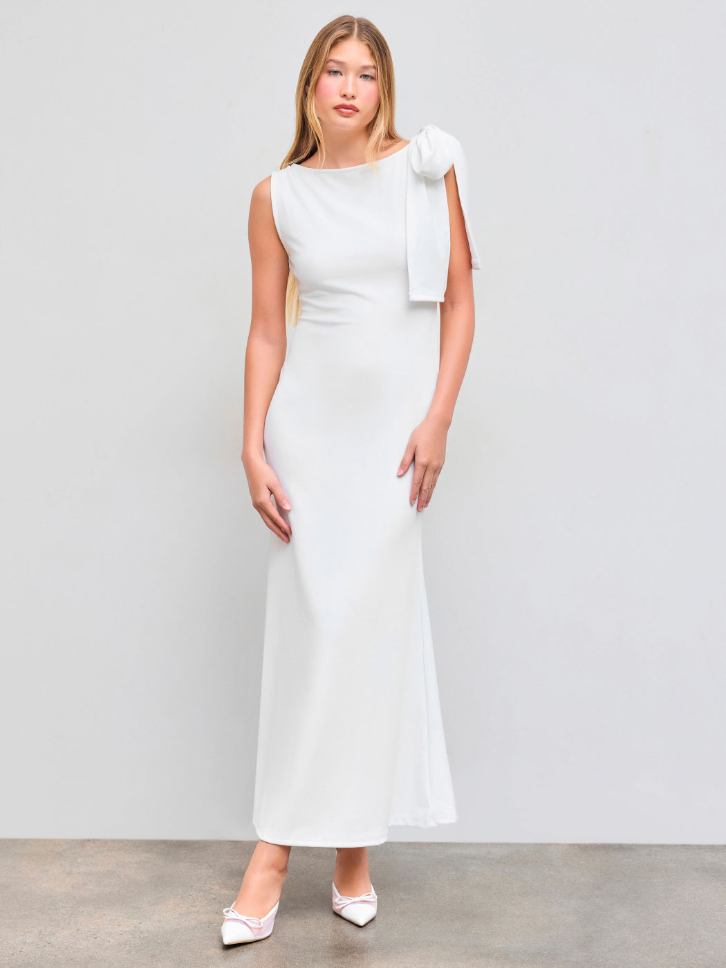 Boat Neck Solid Bowknot Maxi Dress