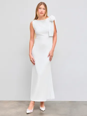 Boat Neck Solid Bowknot Maxi Dress
