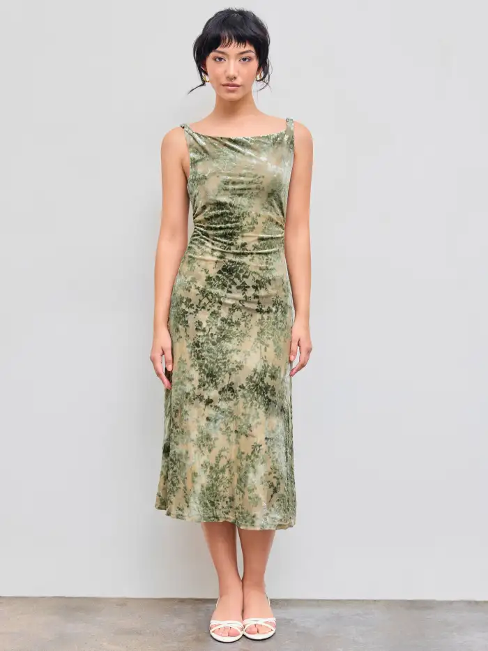 Mesh Halter Neckline Polka Dot Ruched Midi Dress