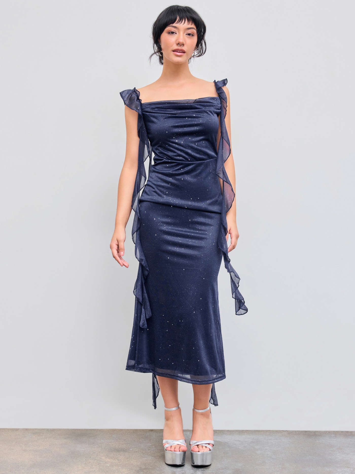 Cowl Neck Solid Sequin Ruffle Hem Maxi Dress