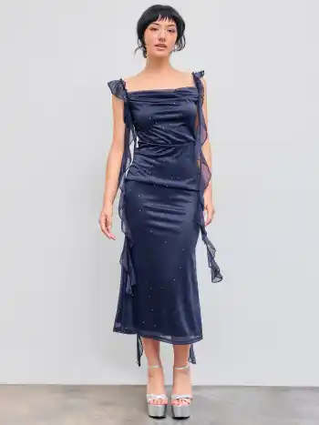 Cowl Neck Solid Glitter Ruffle Hem Maxi Dress
