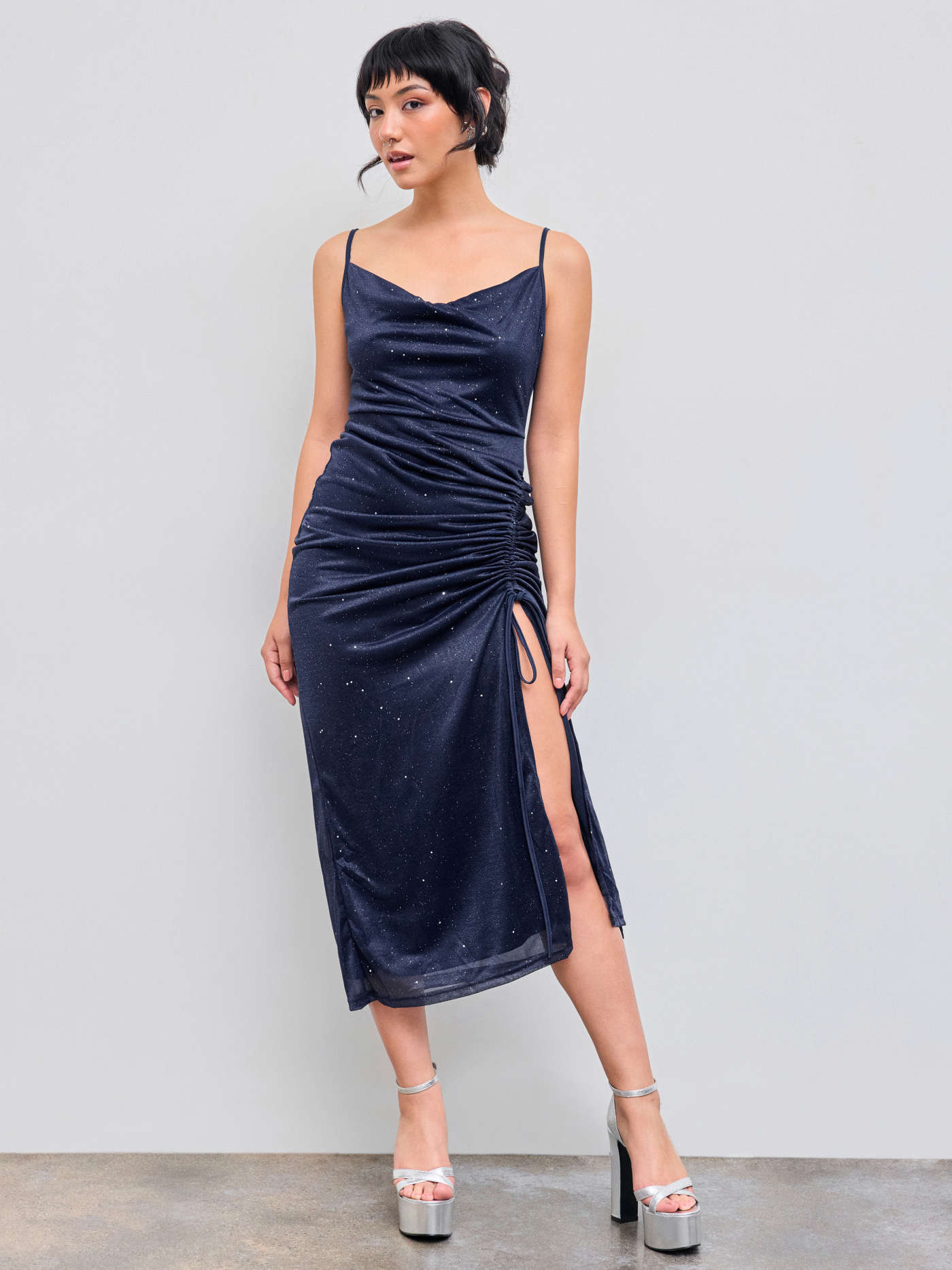 Formal Dresses Homecoming Dress Hoco Dresses Knit Fabric Cowl Neck Glitter Ruched Split Drawstring Maxi Dress For Party/Clubbing Wedding