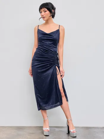 Cowl Neck Glitter Ruched Split Drawstring Maxi Dress