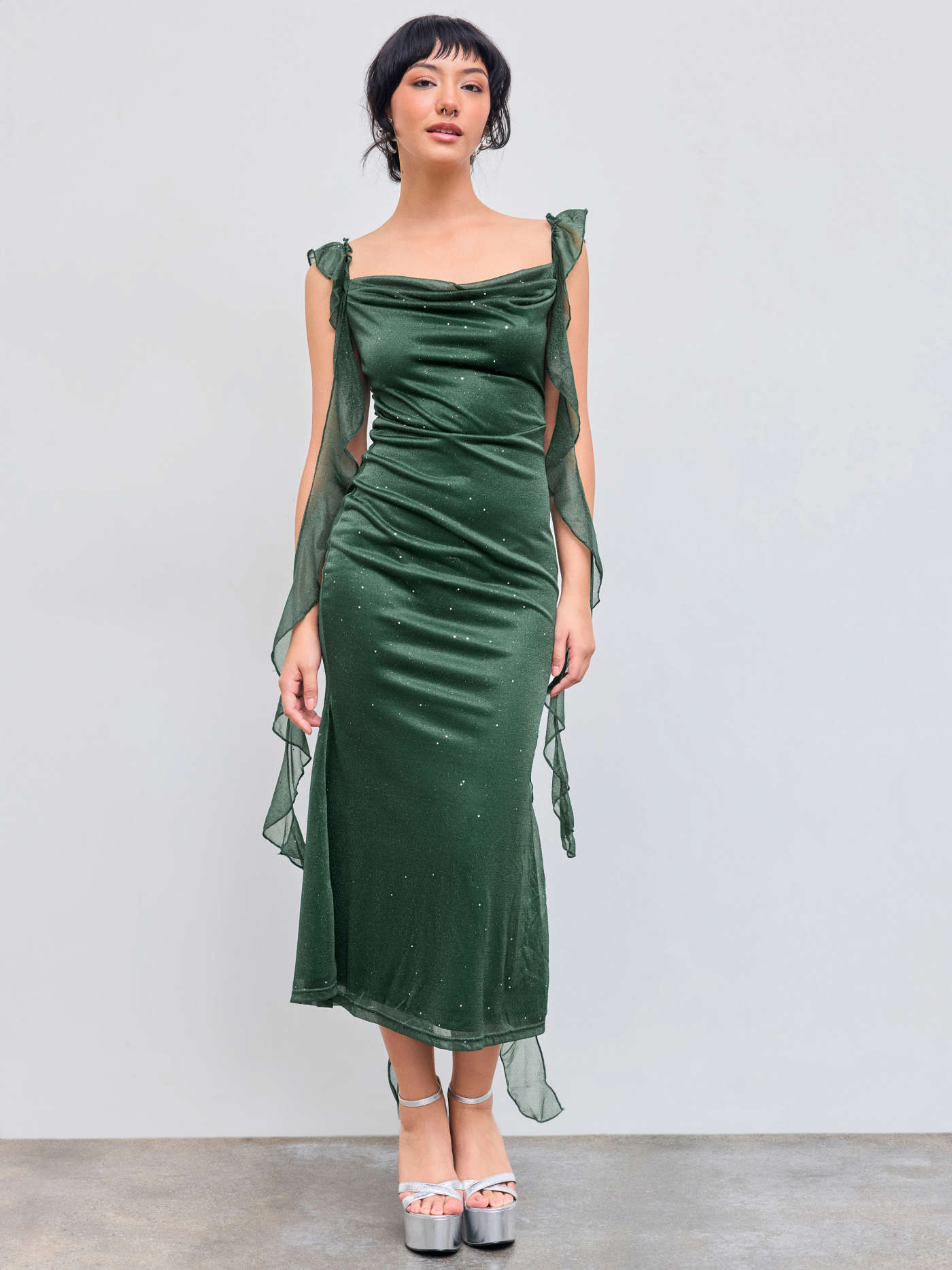 Formele jurken Homecoming Jurk Hoco Jurken Gebreide stof Cowl Neck Solid Glitter Ruffle Hem Maxi Dress For Feestje/Clubben