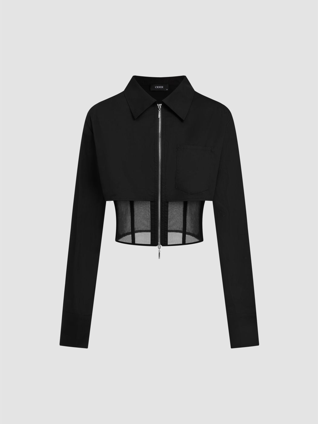 Collar Solid Corset Patched Long Sleeve Crop Blouse