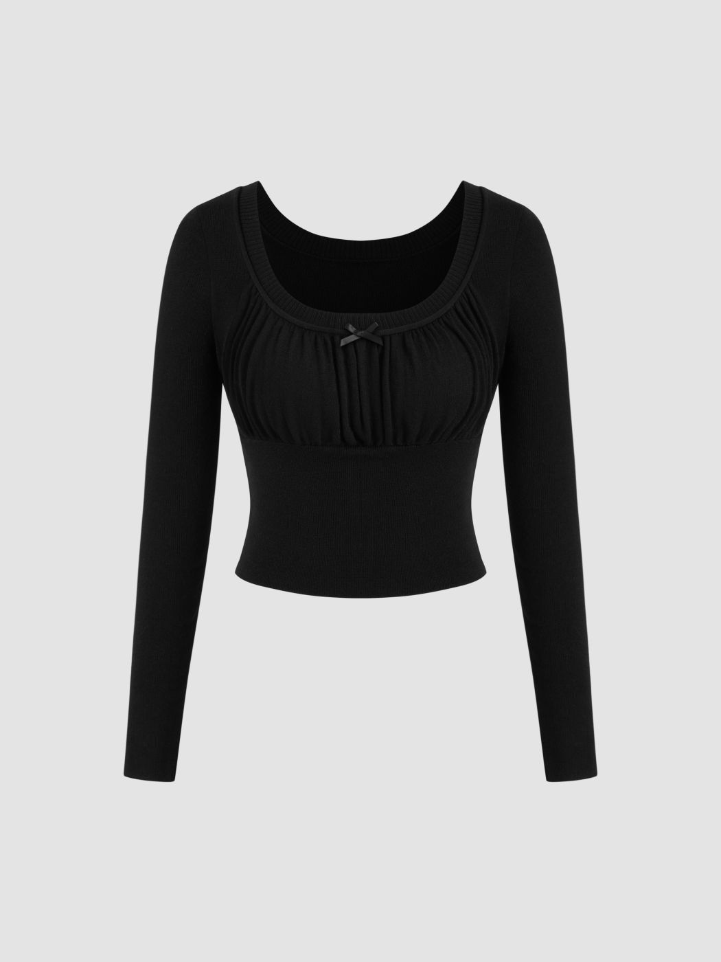 Knit Wool-blend Round Neckline Solid Bowknot Long Sleeve Crop Top