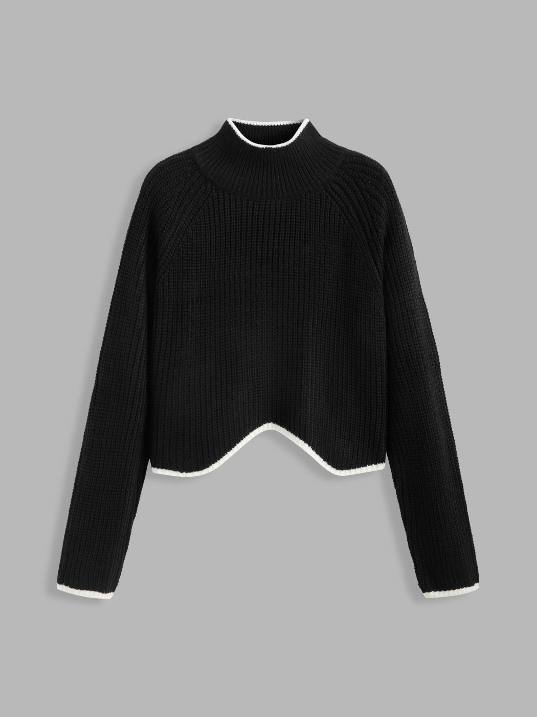 Knit High Neck Solid Contrasting Binding Oversized Long Sleeve Crop Top