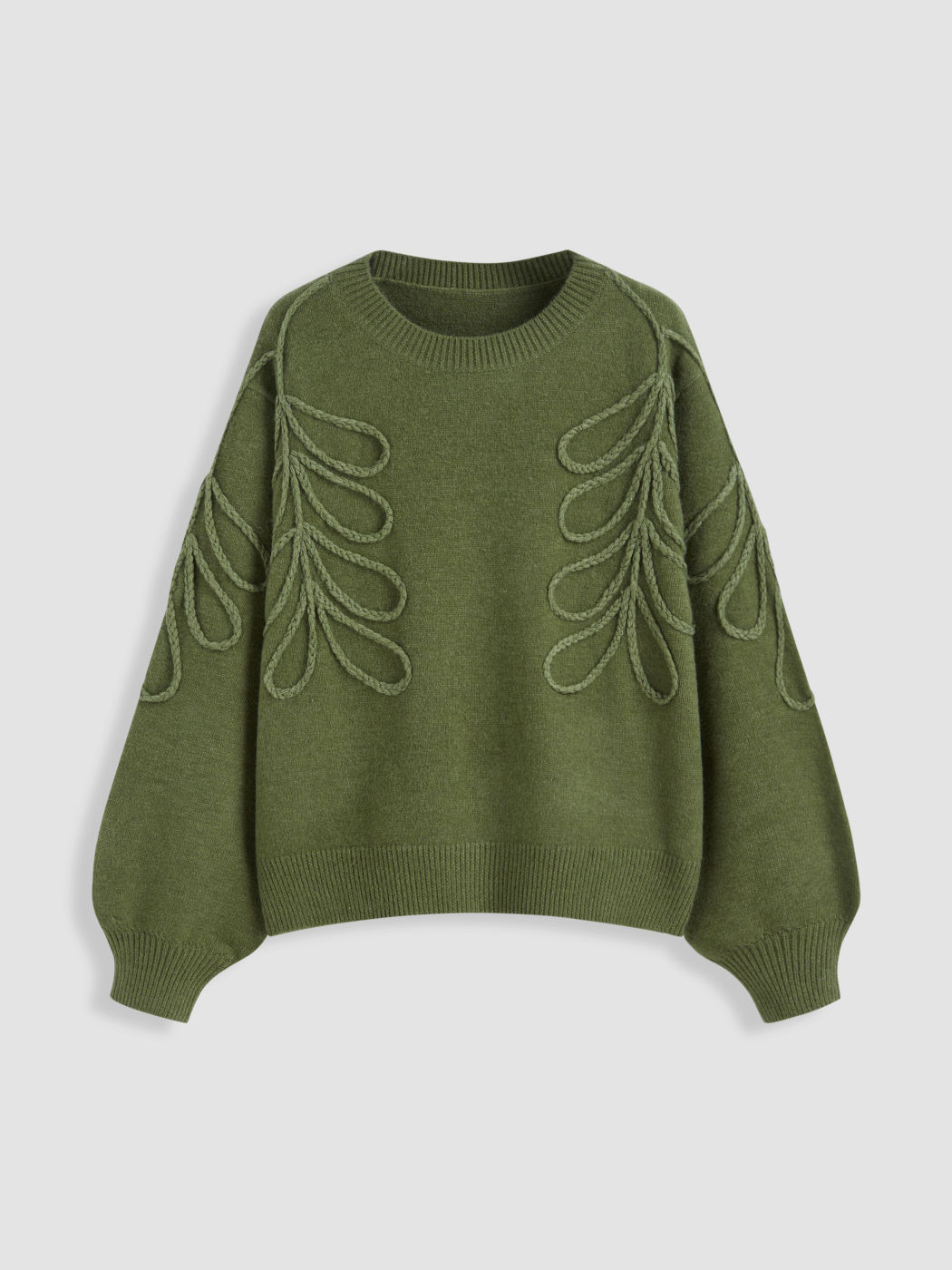 Knit Round Neckline Leaf Braid Oversized Sweater