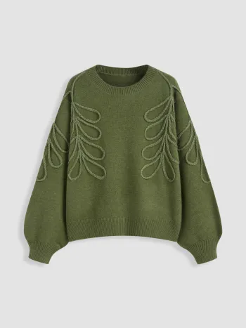 Knit Round Neckline Leaf Braid Oversized Sweater