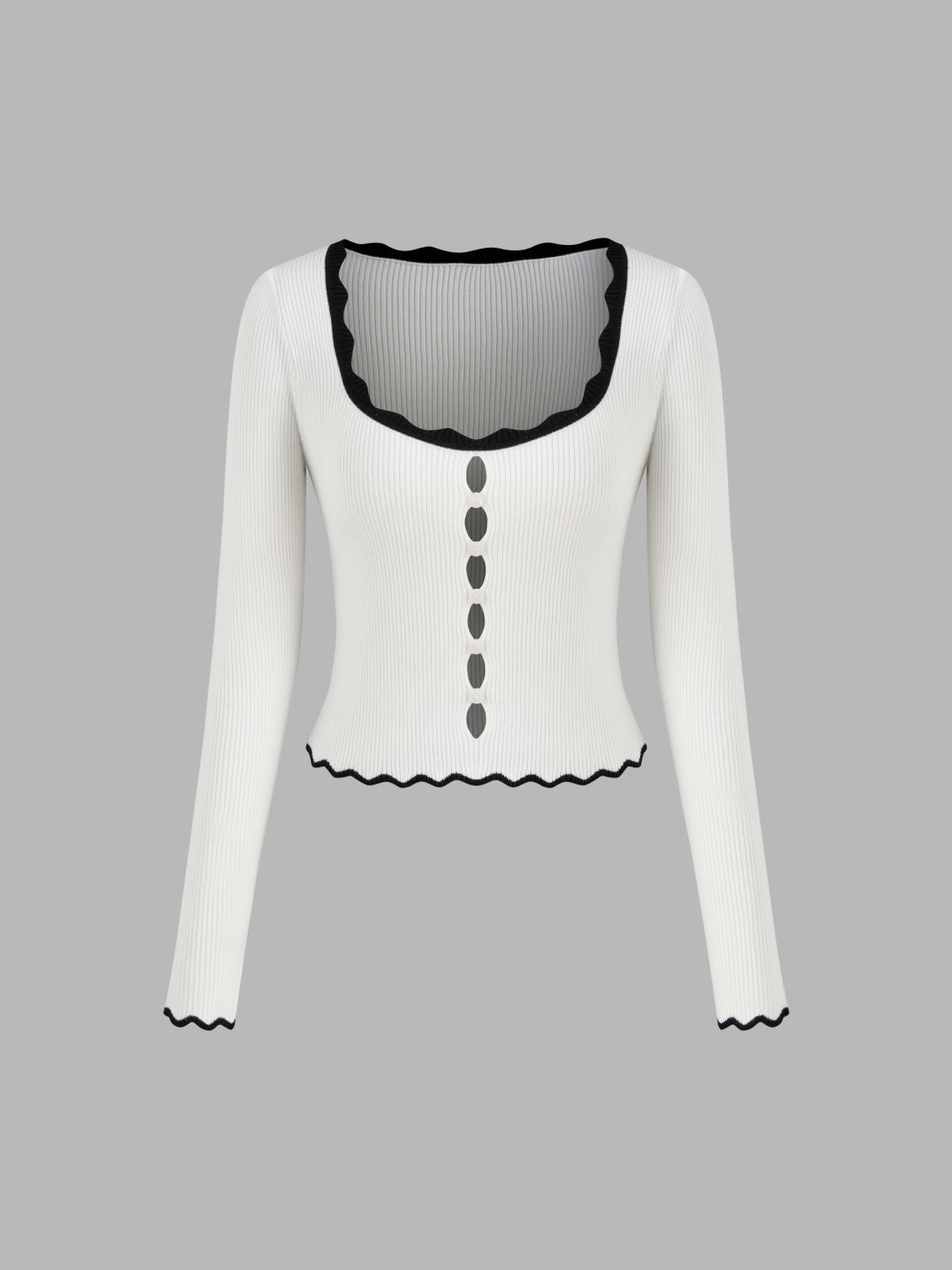 Knit Square Neck Solid Hollow Out Contrasting Binding Long Sleeve Top