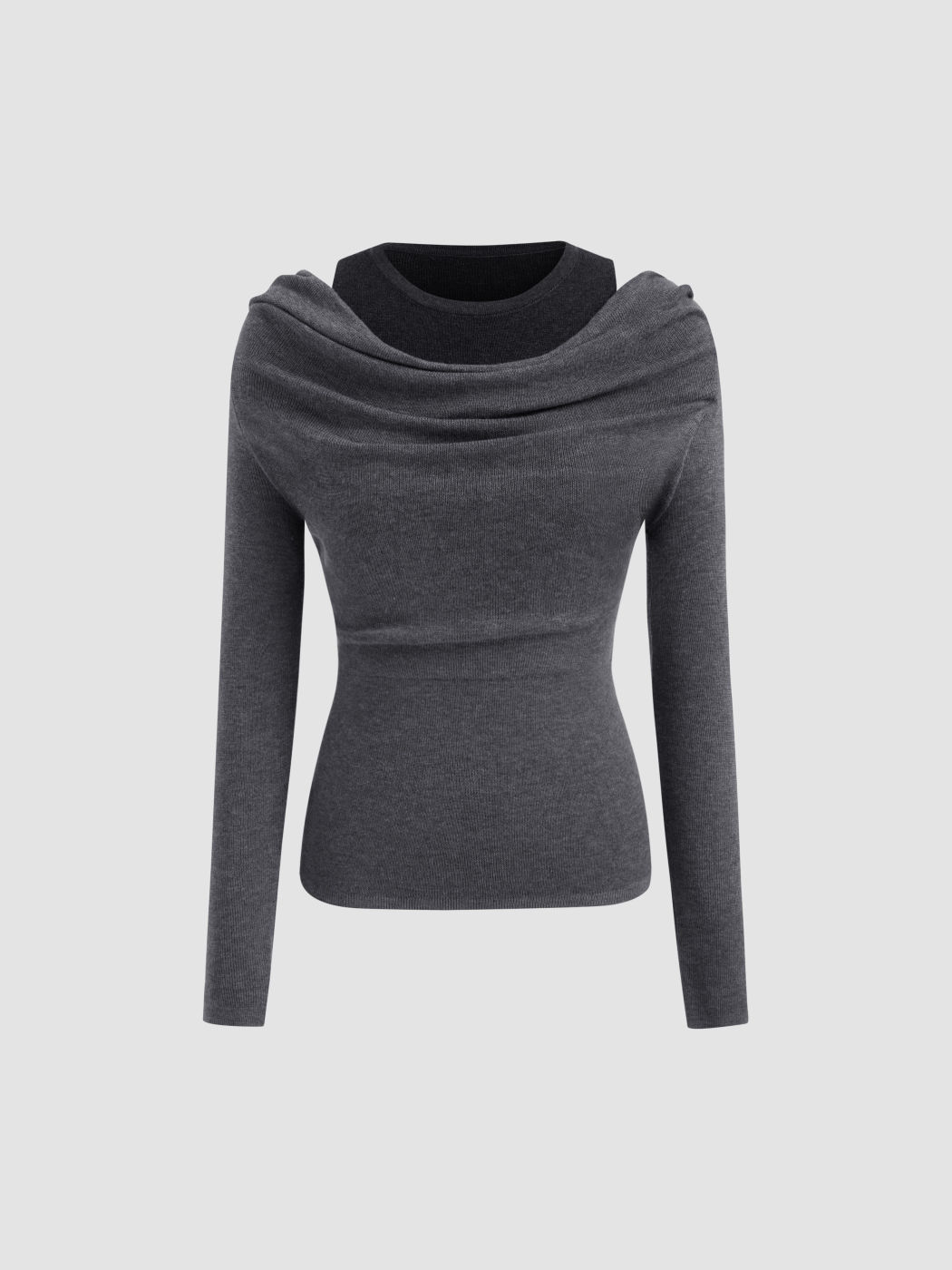 Knit Wool-blend Round Neckline Two Tone Ruched Long Sleeve Top