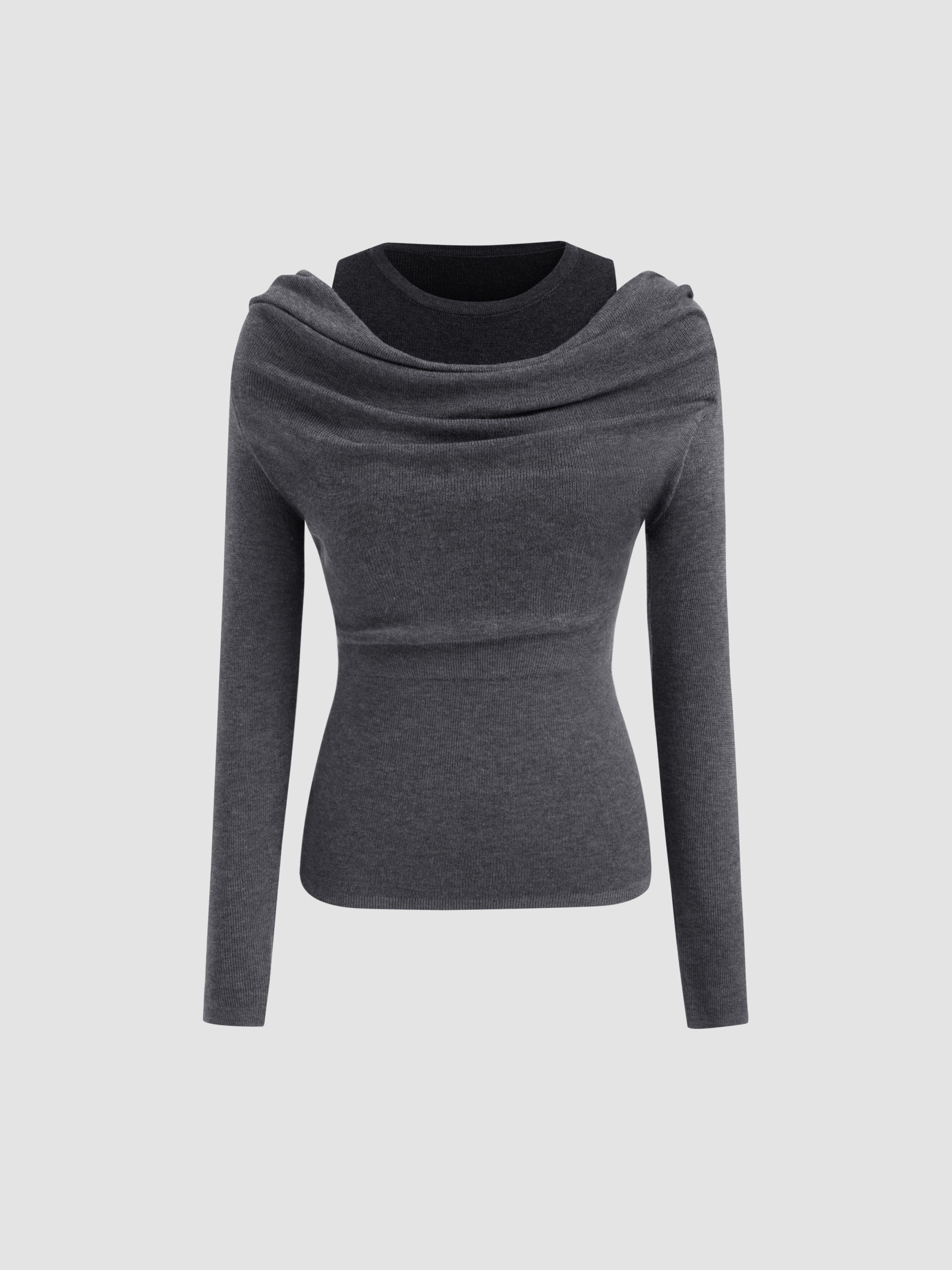 Knit Wool-blend Round Neckline Two Tone Ruched Long Sleeve Top