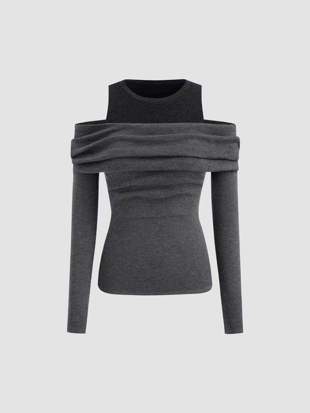 Knit Wool-blend Round Neckline Two Tone Ruched Long Sleeve Top