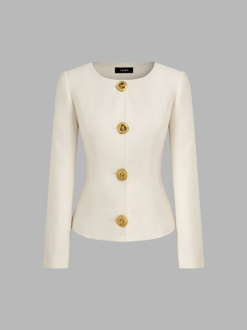 Tweed Round Neckline Solid Button Jacket
