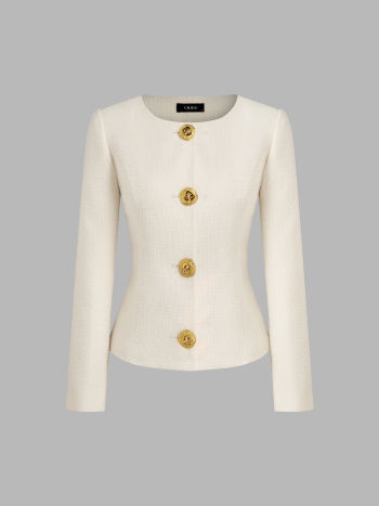 Tweed Round Neckline Solid Button Jacket