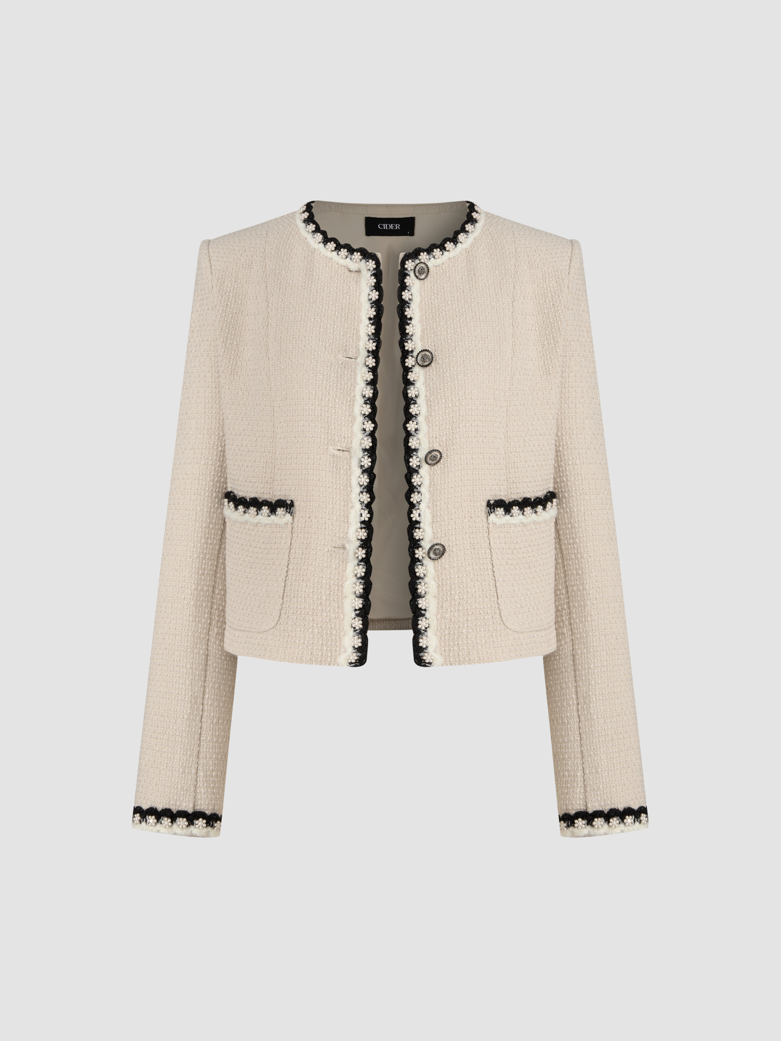 Tweed Tweed Round Neckline Fringe Pocket Jacket For Daily Casual