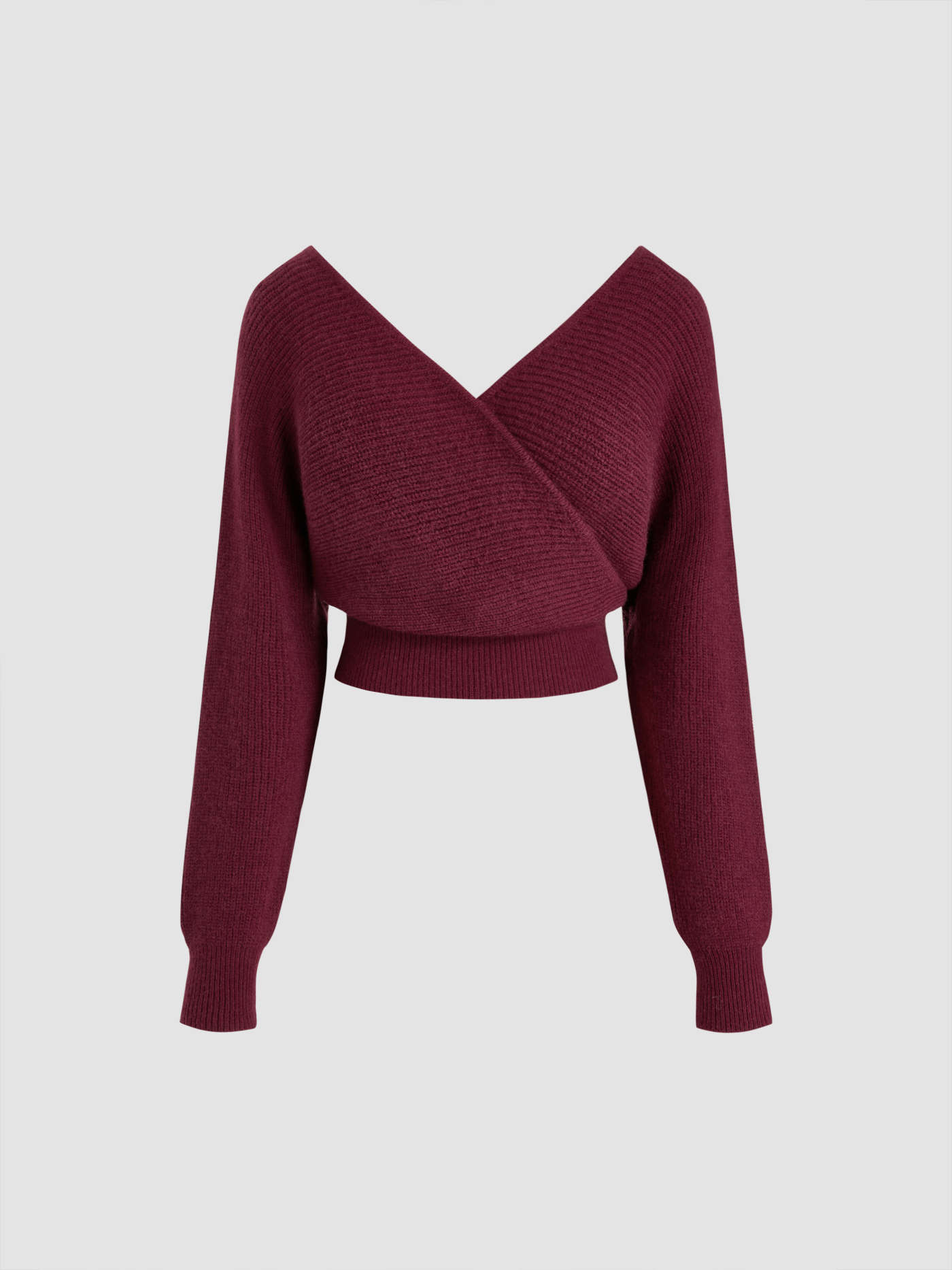 Knit V-neck Solid Wrap Crop Long Sleeve Top
