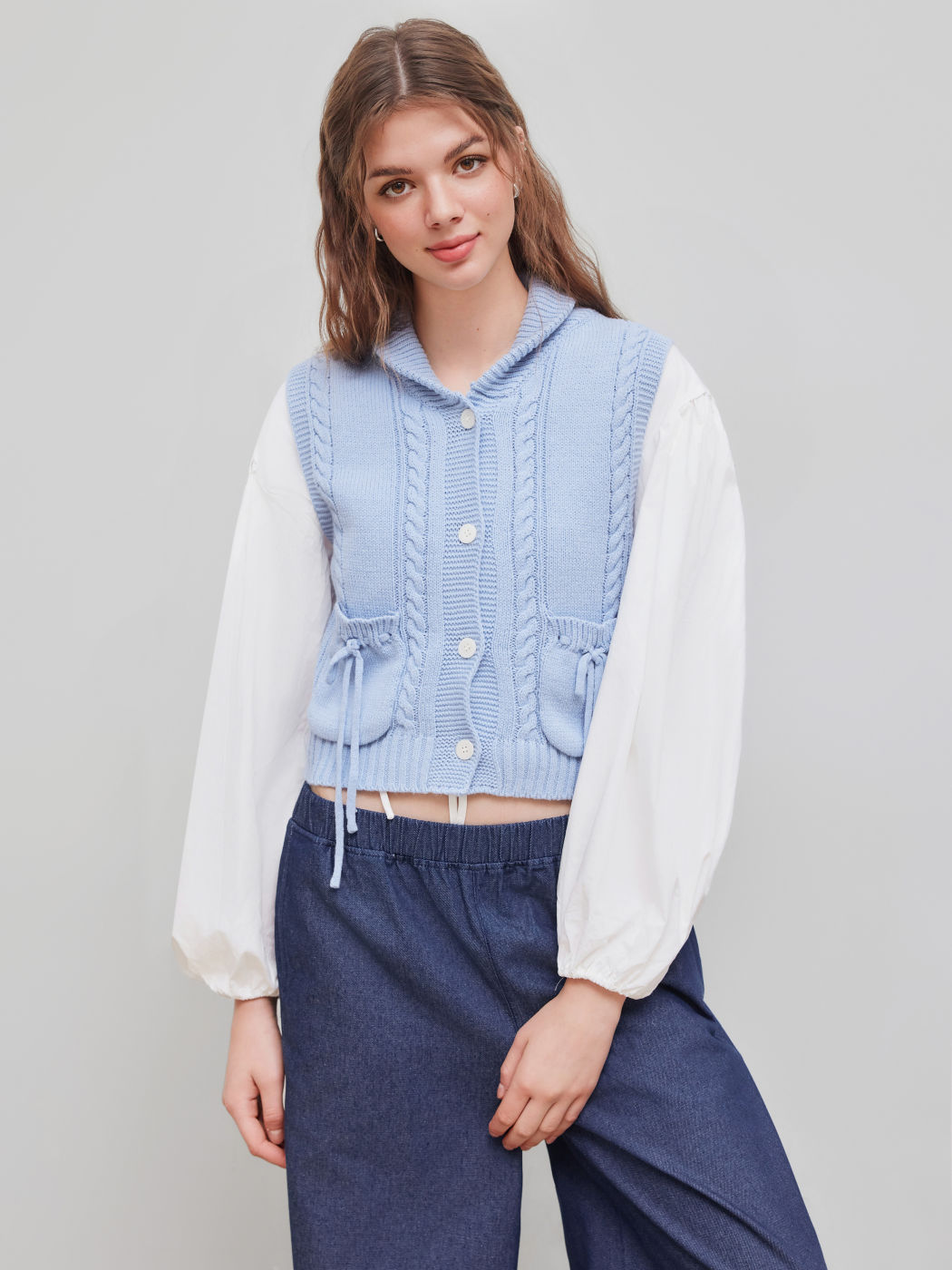 Cotton-blend Collar Solid Pocket Knotted Vest