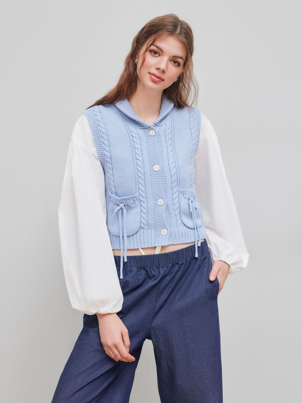 Cotton-blend Collar Solid Pocket Knotted Vest