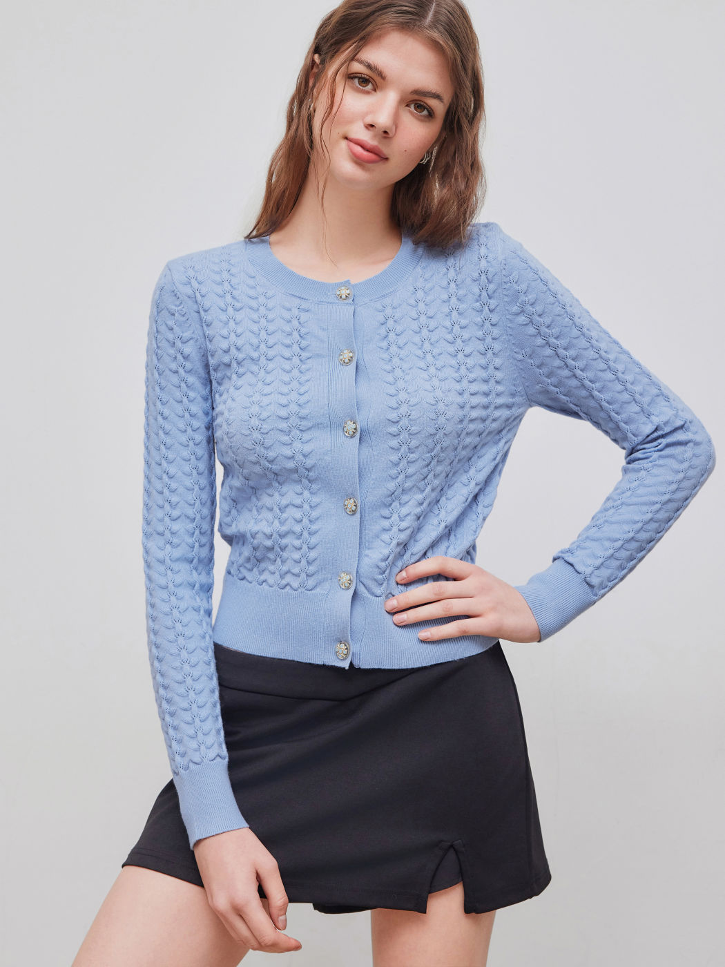 Cable Knit Round Neck Button Up Cardigan