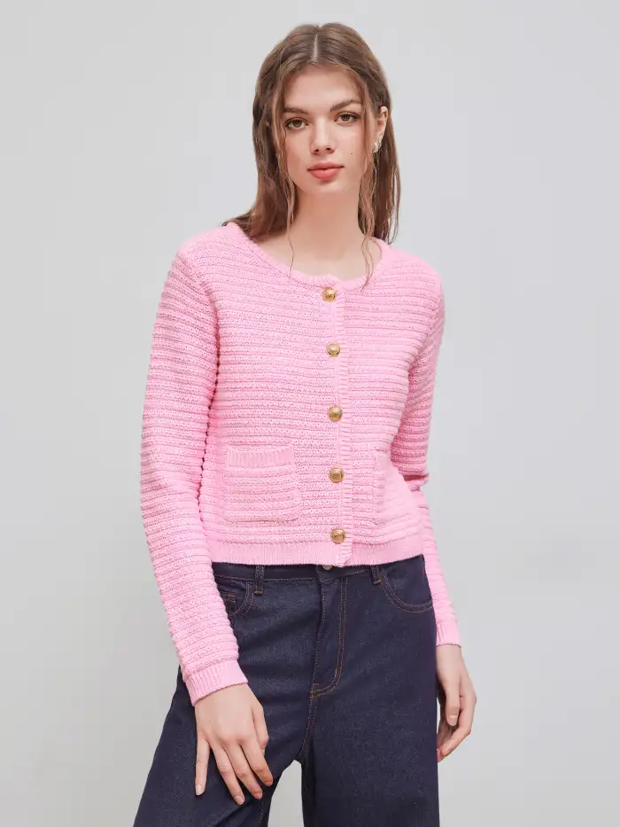 Knit Fabric Cotton-blend Round Neckline Pocket Button Cardigan For