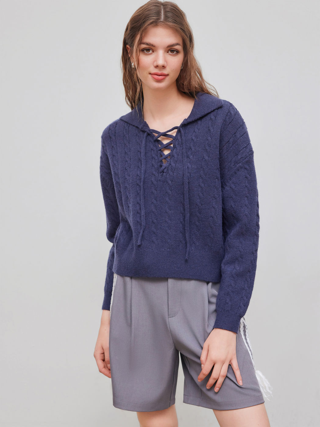 Tie Front Polo Neck Solid Sweater 