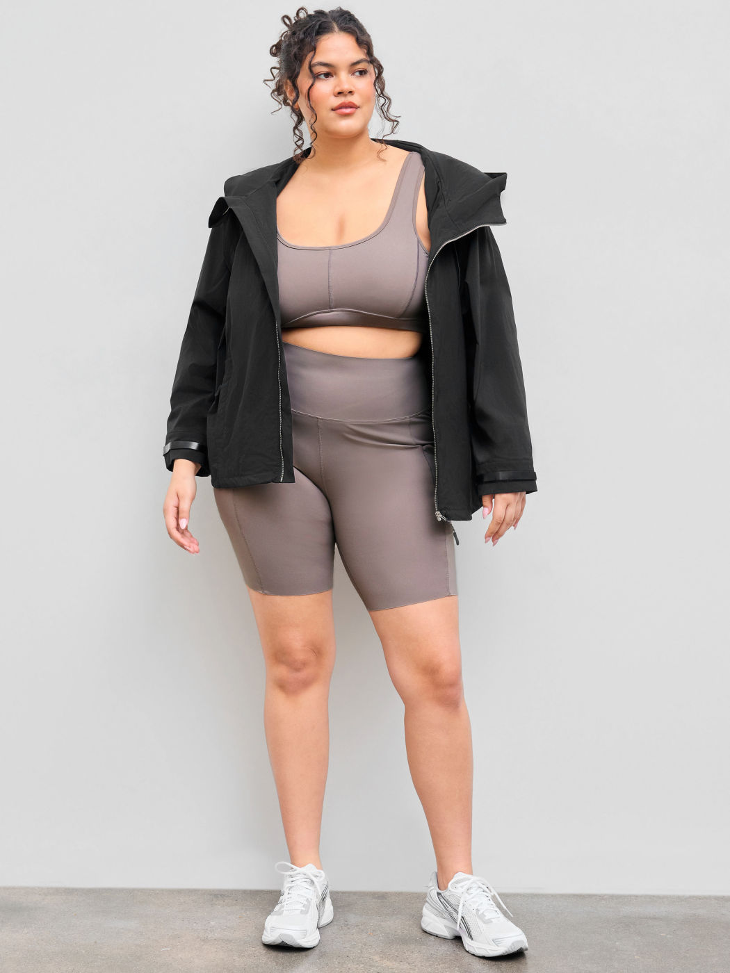 Hooded Collar Solid Drawstring Zipper Pocket Jacket Curve & Plus