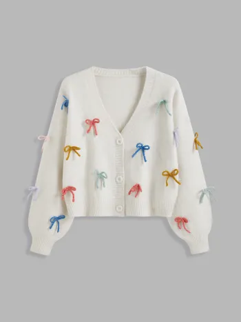 Knit V-neck Solid Bowknot Oversized Cardigan Curve & Plus