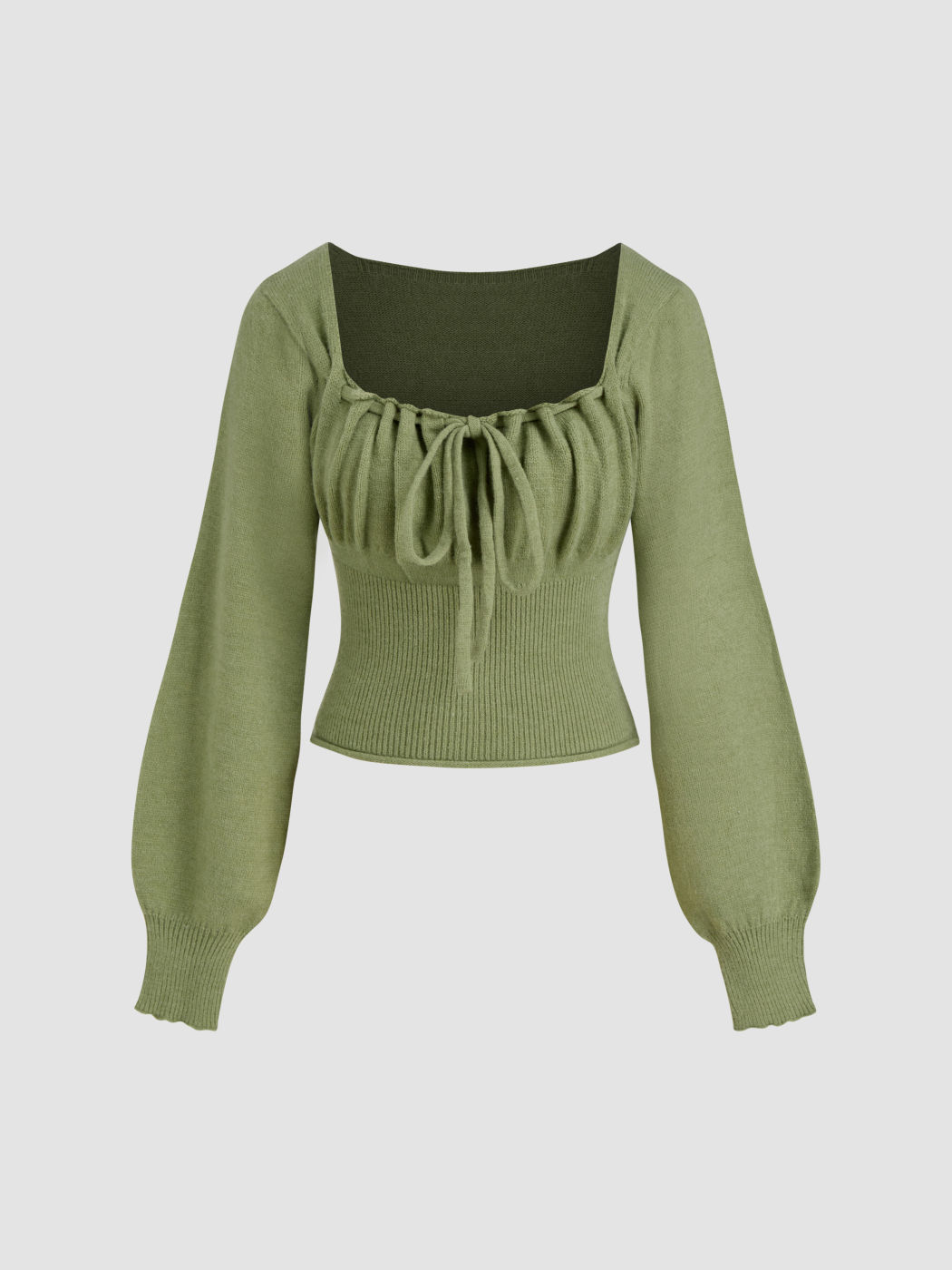 Knit Square Neck Solid Knotted Long Sleeve Crop Top
