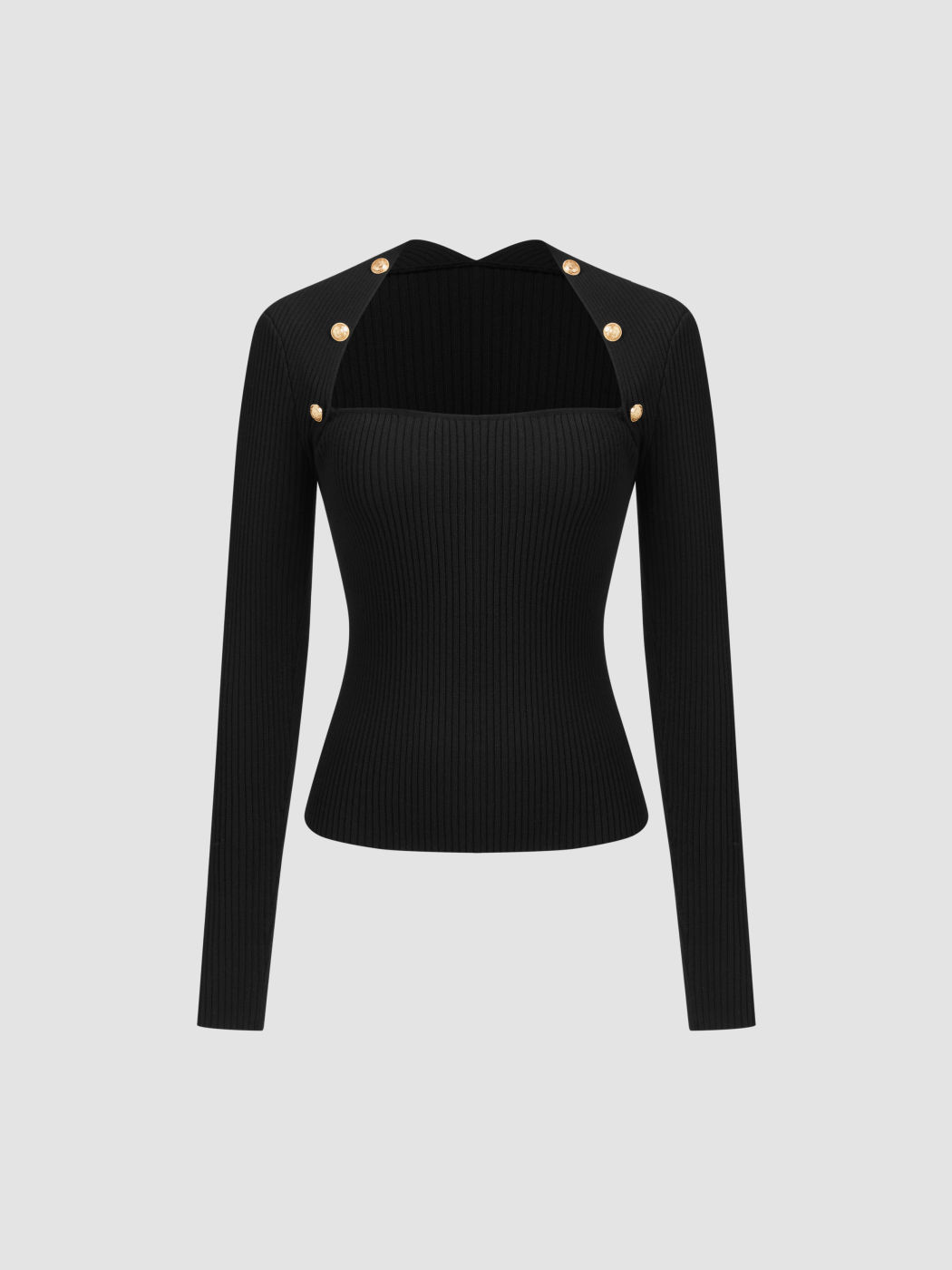 Knit Square Neck Solid Button Long Sleeve Top