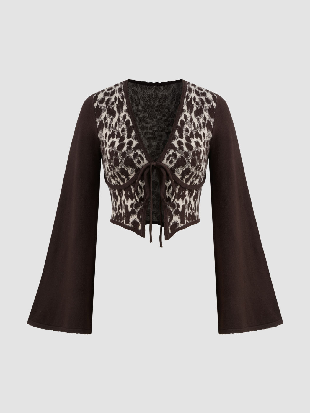 Knit V-neck Leopard Bowknot Crop Long Sleeve Top